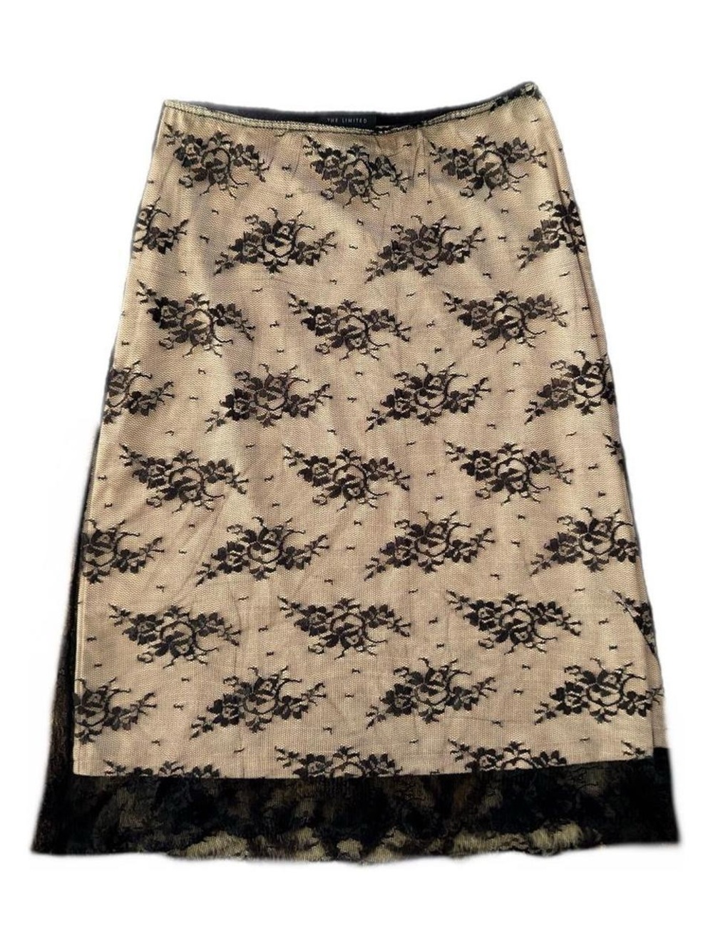 The Limited Beige, Tan Midi Skirt with Black Lace Floral Overlay, Y2K